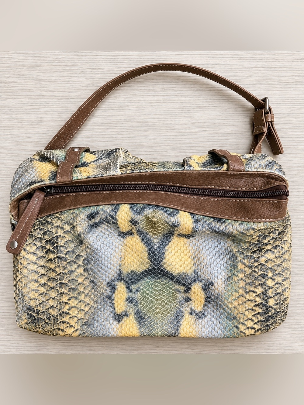 Adolfo Dominguez Snake-Print Clutch in Yellow, Gray, Brown